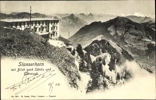 Ak Stanserhorn Halbkanton Nidwalden, Stanserhorn mit Hotel, Blick nach Säntis und Glärnisch