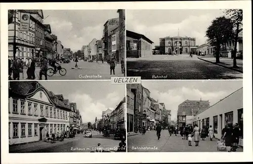 Ak Uelzen in Niedersachsen, Gudesstraße, Bahnhof, Rathaus m. Lüneburger Straße, Bahnhofstraße