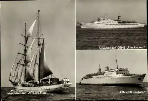 Ak Segelschulschiff Wilhelm Pieck, Urlauberschiff GTMS Fritz Heckert, Fährschiff Sassnitz