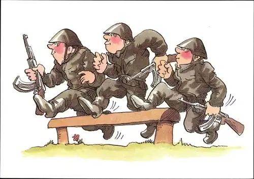 Künstler Ak Muzeniek, Peter, NVA Soldaten, Hürdenlauf mit Gewehren