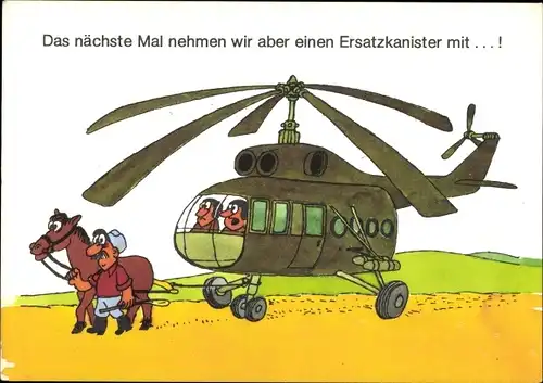 Künstler Ak Jankofsky, Heinz, Das nächste Mal nehmen wir einen Ersatzkanister mit, NVA Hubschrauber