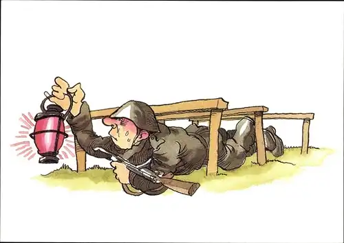 Künstler Ak Muzeniek, Peter, NVA Soldat bei Geländeübung, Laterne, Militärhandelsorganisation
