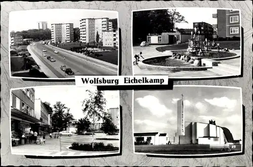 Ak Eichelkamp Wolfsburg in Niedersachsen, Stadtansichten, Springbrunnen, Hochhäuser