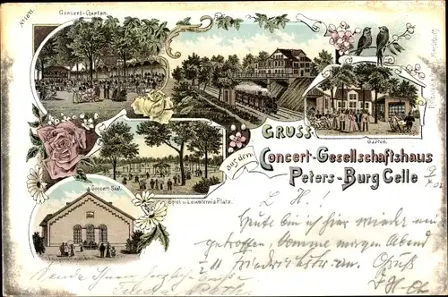 Litho Burg Altencelle Celle Niedersachsen, Concert-Gesellschaftshaus Peters, Saal, Garten, Eisenbahn