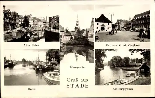 Ak Stade in Niedersachsen, Alter Hafen, Börnepartie, Pferdemarkt, Zeughaus, Burggraben