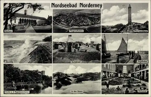 Ak Norderney in Ostfriesland, Kurhaus, Leuchtturm, Segelbuhne, Wellenbad, Dünen, Napoleonschanze