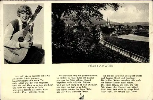 Ak Höxter in Nordrhein Westfalen, Panorama vom Ort, Frau mit Gitarre, Gedicht