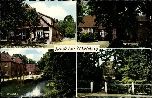 Ak Moisburg in Niedersachsen, Gemischtwarengeschäft, Kirche, Ortspartie, Ehrenmal