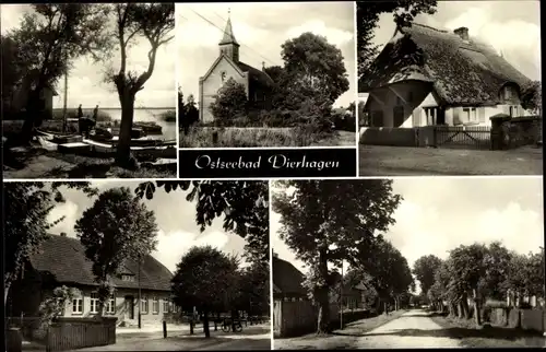 Ak Ostseebad Dierhagen, Kirche, traditionelle Häuser, Boote