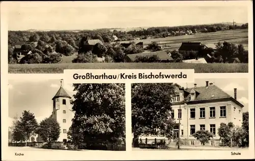 Ak Großharthau in Sachsen, Kirche, Schule, Panorama vom Ort