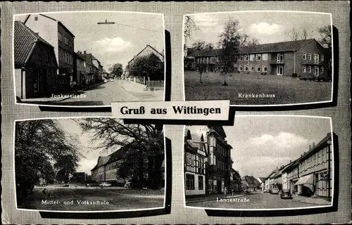Ak Wittingen in Niedersachsen, Junkerstraße, Mittel- und Volksschule, Langestraße, Krankenhaus