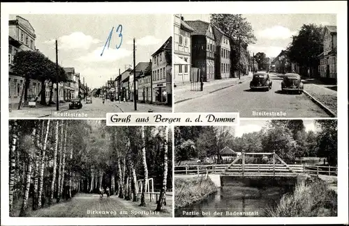 Ak Bergen an der Dumme Wendland, Breitestraße, bei der Badeanstalt, Birkenweg am Sportplatz