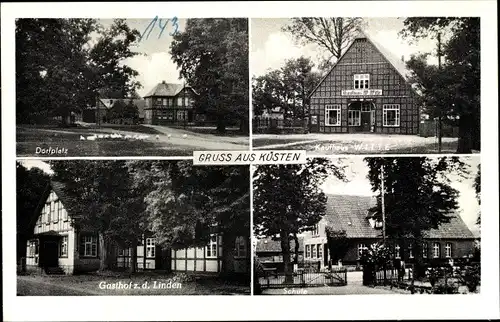 Ak Küsten im Wendland, Dorfplatz, Fachwerkhäuser, Gasthof z. d. Linden, Schule, Kaufhaus Witte