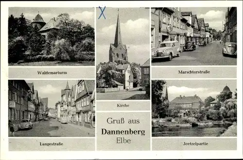 Ak Dannenberg an der Elbe, Waldemarturm, Langestraße, Marschtorstraße, Jeetzelpartie, Kirche