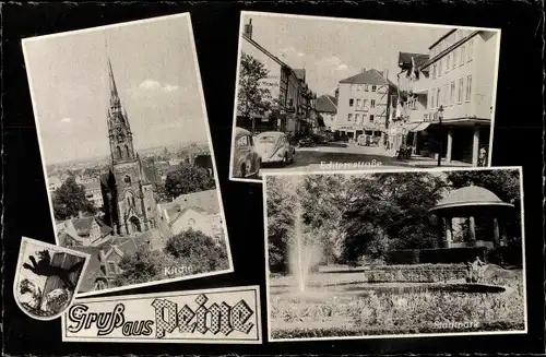 Ak Peine in Niedersachsen, Pavillon im Stadtpark, Springbrunnen, Wappen, Echternstraße, Kirche