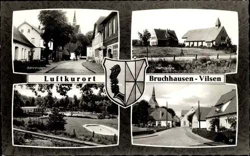 Wappen Ak Bruchhausen Vilsen Niedersachsen, Kath. Kirche, Schwimmbad, Bahnhofstraße