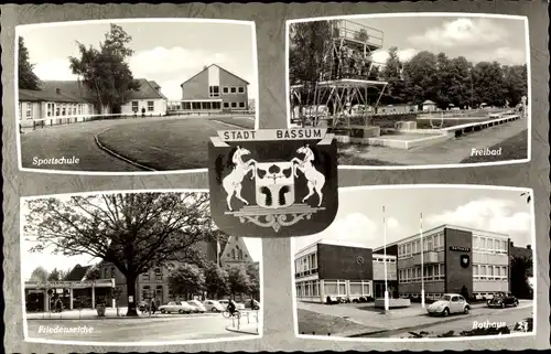 Wappen Ak Bassum in Niedersachsen, Sportschule, Freibad, Rathaus, Friedenseiche