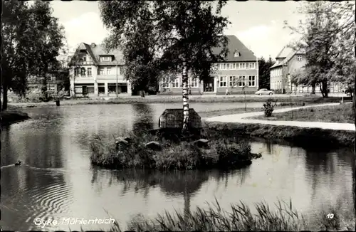 Ak Syke, Blick auf den Mühlenteich, Holzhäuschen