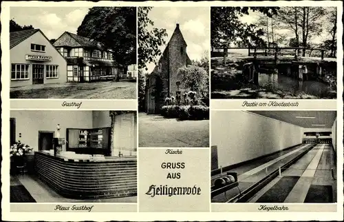 Ak Heiligenrode Stuhr Niedersachsen, Pleus Gasthof, Inh. Georg Meyer, Klosterbach, Kegelbahn, Kirche