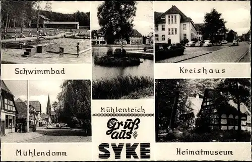 Ak Syke in Niedersachsen, Kreishaus, Heimatmuseum, Schwimmbad, Mühlendamm