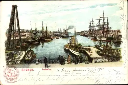 Litho Hansestadt Bremen, Freihafen, Schiffe
