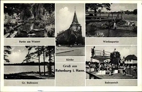 Ak Rotenburg in Hannover Rotenburg an der Wümme, Badeanstalt, Partie am Wasser, Kirche