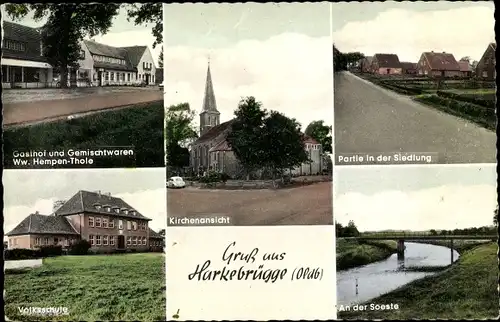 Ak Harkebrügge Barßel in Oldenburg, Kirche, Schule, Soeste, Gasthaus Hempen, Inh. G. Thole