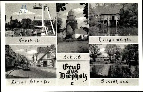 Ak Diepholz in Niedersachsen, Freibad, Hengemühle, Kreishaus, Schloss, Lange Straße