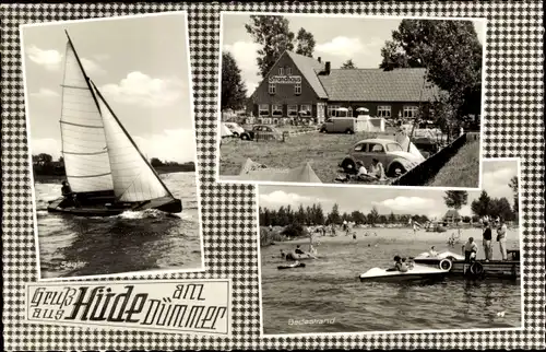 Ak Hüde am Dümmer Niedersachsen, Badestrand, Strandhaus, Segler