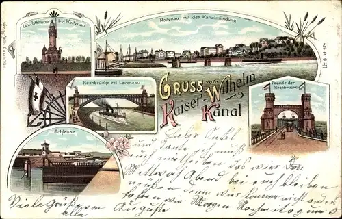Litho Holtenau Kiel, Kaiser Wilhelm Kanal, Hochbrücke Levensau, Leuchtturm, Schleuse