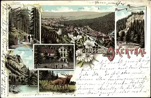 Litho Oker Goslar am Harz, Rabowklippe, Waldhaus, Teufelsthal