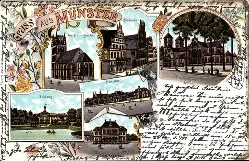 Litho Münster in Westfalen, Bahnhof, Liebfrauenkirche, Rathaus, Dom, Schloss, Kgl. Akademie