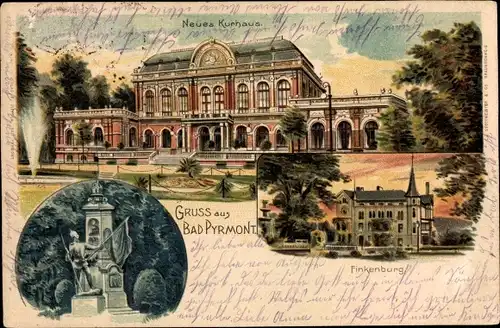 Litho Bad Pyrmont in Niedersachsen, Neues Kurhaus, Finkenburg, Denkmal