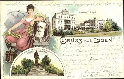 Litho Bredeney Essen im Ruhrgebiet, Villa Hügel, Alfred Krupp, Kriegerdenkmal