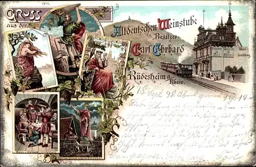 Litho Rüdesheim am Rhein Hessen, Altdeutsche Weinstube, Loreley, Vater Rhein, Hagen