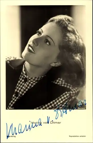 Ak Schauspielerin Marina von Ditmar, Portrait, UFA Film, Autogramm