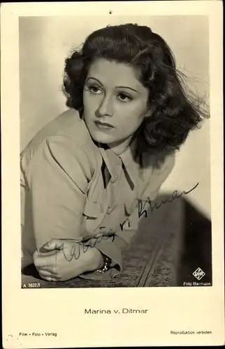 Ak Schauspielerin Marina von Ditmar, Portrait, Film Foto Verlag A 3622/1, UfA, Autogramm