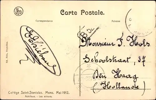 Ak Mons Wallonien Hennegau, College Saint Stanislas, Achilleus, les acteurs 1912