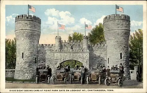 Ak Tennessee Vereinigte Staaten, Dixie Sight Seeing Cars am Point Park Gate