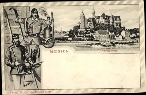 Passepartout Ak Meißen an der Elbe, Albrechtsburg, Feuerwehr