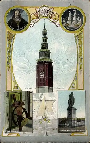 Ak Vlissingen Zeeland, Jacobstoren, Admiraal de Ruijter, Touwslagerswiel, Segelschiff