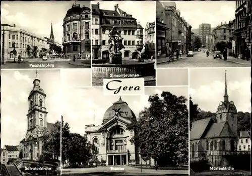 Ak Gera in Thüringen, Puschkinplatz, Simsonbrunnen am Markt, Salvatorkirche, Theater, Marienkirche