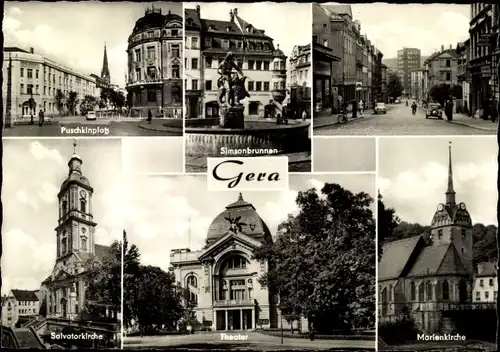 Ak Gera in Thüringen, Puschkinplatz, Simsonbrunnen am Markt, Salvatorkirche, Theater, Marienkirche