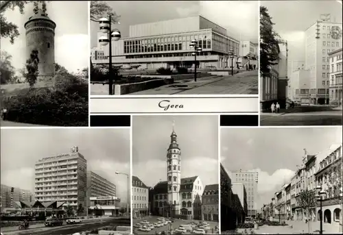 Ak Gera in Thüringen, Ruine Osterstein, Haus der Kultur, Hochhaus, Rathaus, Straße des 7. Oktober