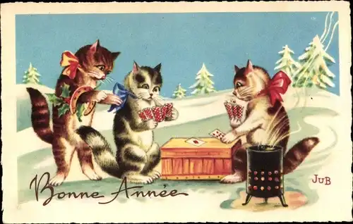 Ak Glückwunsch Neujahr, Vermenschlichte Katzen beim Kartenspiel