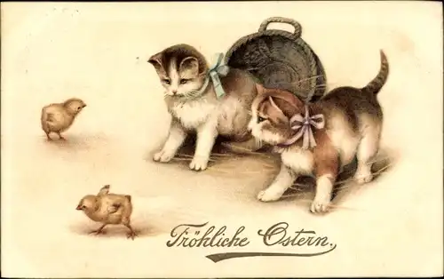 Ak Glückwunsch Ostern, zwei junge Katzen beobachten Küken