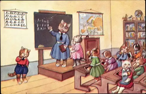 Ak Vermenschlichte Katzen in der Schule