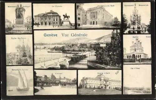 Ak Genève Genf Schweiz, Monument National, Le Theatre, Victoria Hall, Monument Brunswick, Eglise