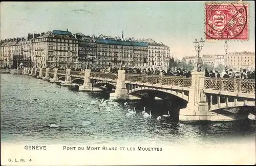 Ak Genf, Pont du Mont Blanc et le Mouettes, Passanten