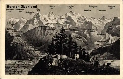 Ak Kanton Bern, Eiger, Mönch, Jungfrau, Mittaghorn, Breithorn, Wetterhorn, Schreckhorn